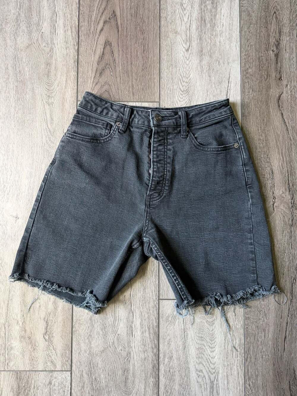 We The Free Black Denim Button Fly Distressed Bermuda Shorts